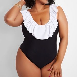 One Piece Swimsuit With White Ruffle Trim